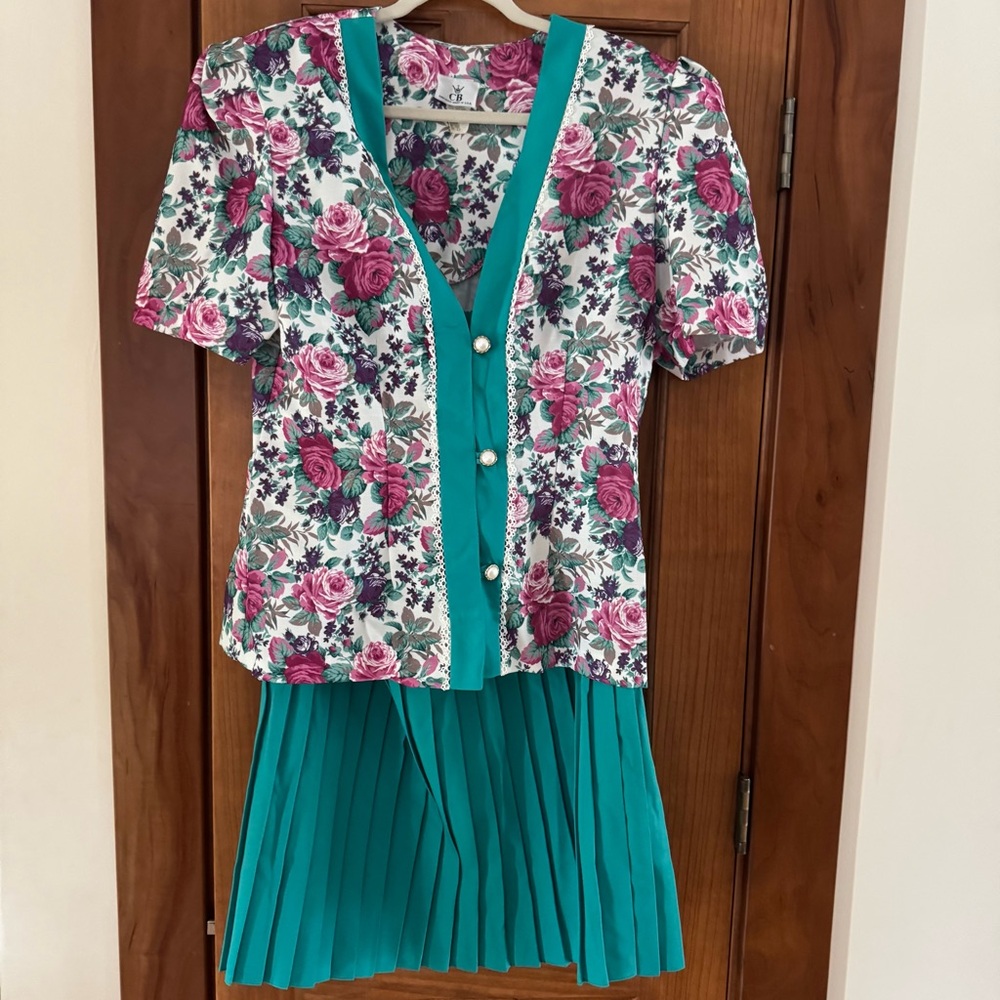 Vintage CB 2 Piece Pleated Skirt Set Women's 12 Teal Floral USA Shoulder Pads